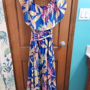 Flying Tomato Royal Blue Tropical Off-Shoulder Maxi Dress